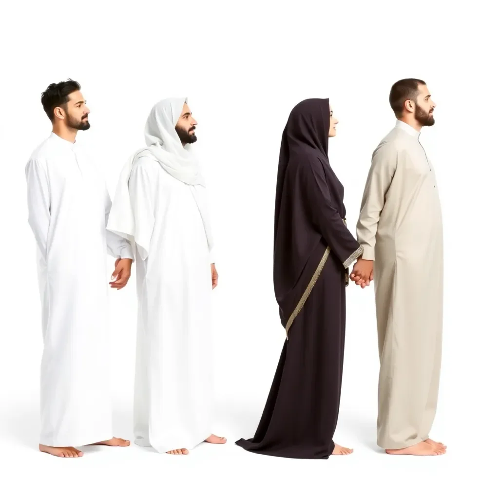 Family of four wearing ihram clothing holding hands, standing barefoot, facing right on white background