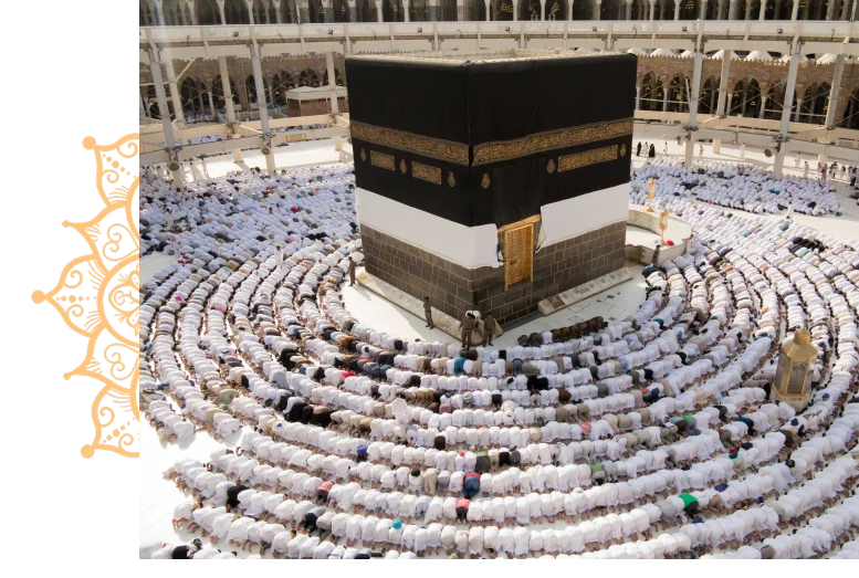 Aerial view of the Kaaba surrounded by pilgrims dressed in white performing Tawaf in the Grand Mosque