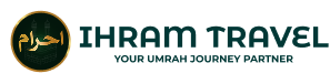 Ihram Travel logo with Arabic text in gold on black circle