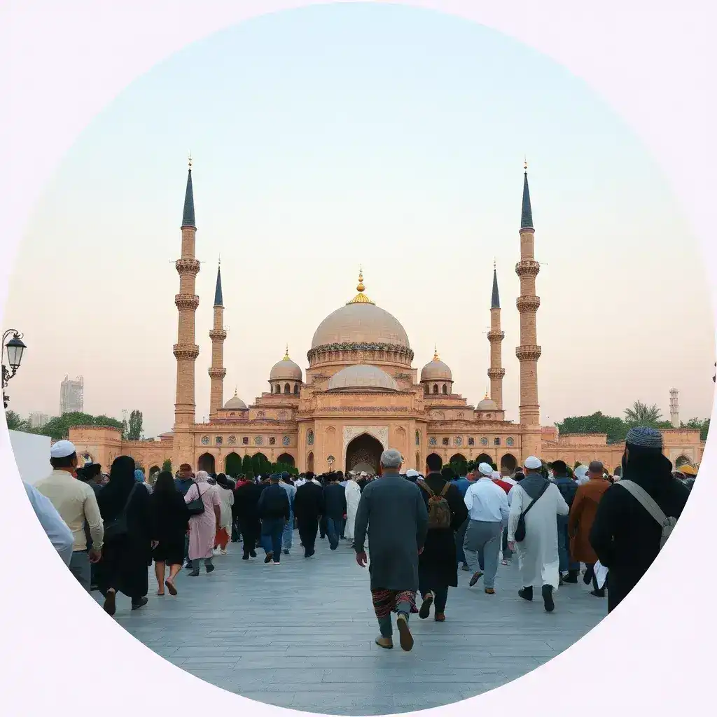 Circular thumbnail of pilgrims walking near a mosque