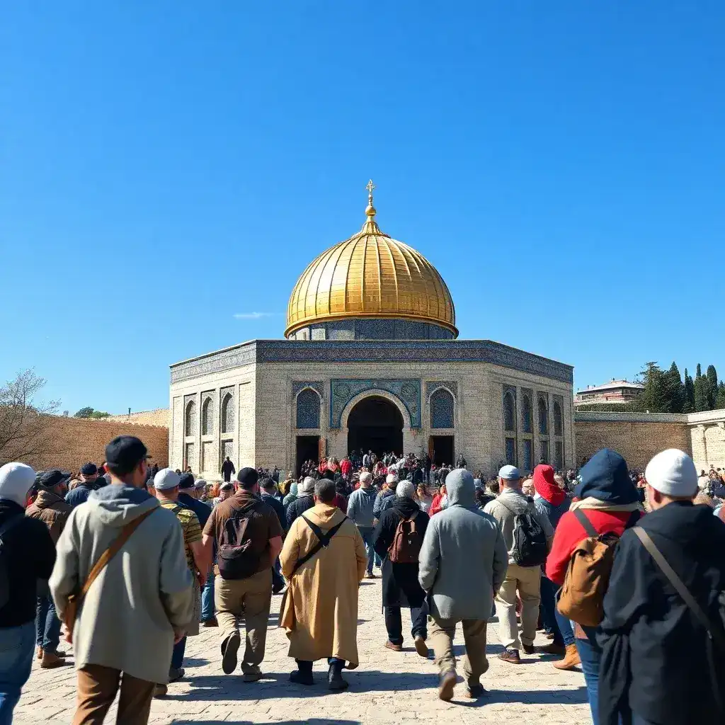 Circular thumbnail of pilgrims at a holy site with blue sky