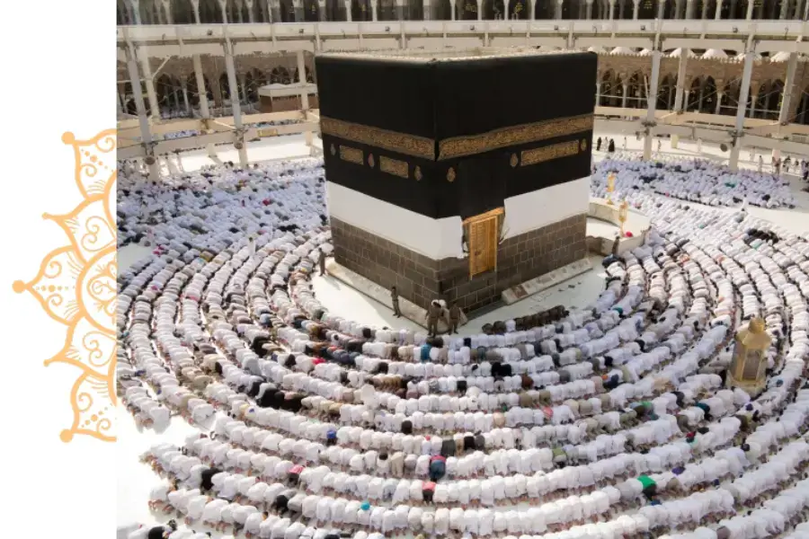 Aerial view of the Kaaba surrounded by pilgrims dressed in white performing Tawaf in the Grand Mosque