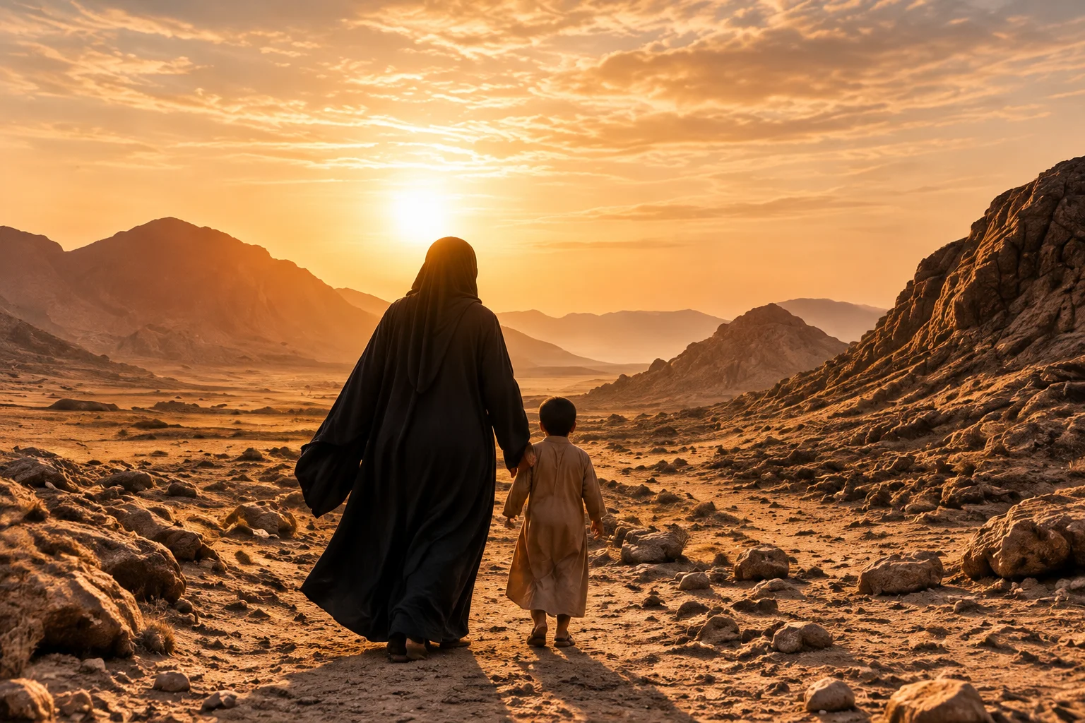 Historical desert scene representing Hajar searching for water in the valley of Makkah