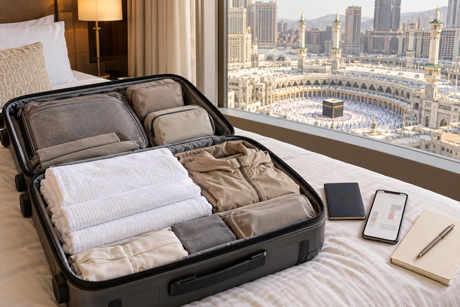 Travel suitcase with Ihram clothing, travel essentials and booking accessories overlooking Masjid al-Haram in Makkah
