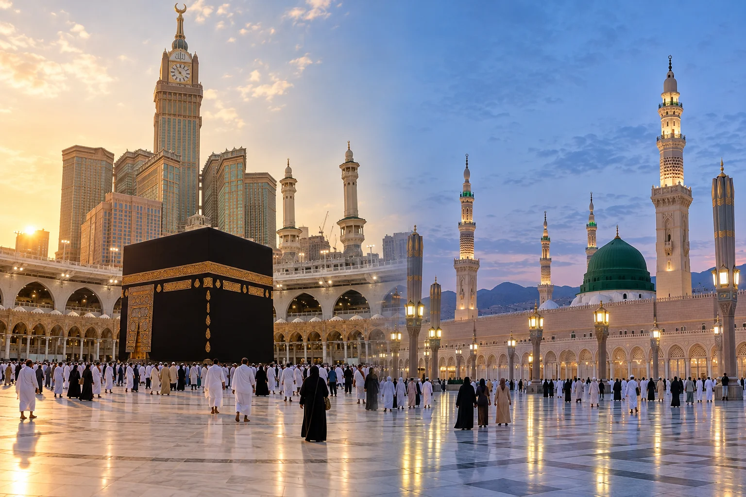 December weather in Makkah and Madinah, showing the Holy Kaaba and Prophet’s Mosque during mild winter conditions.