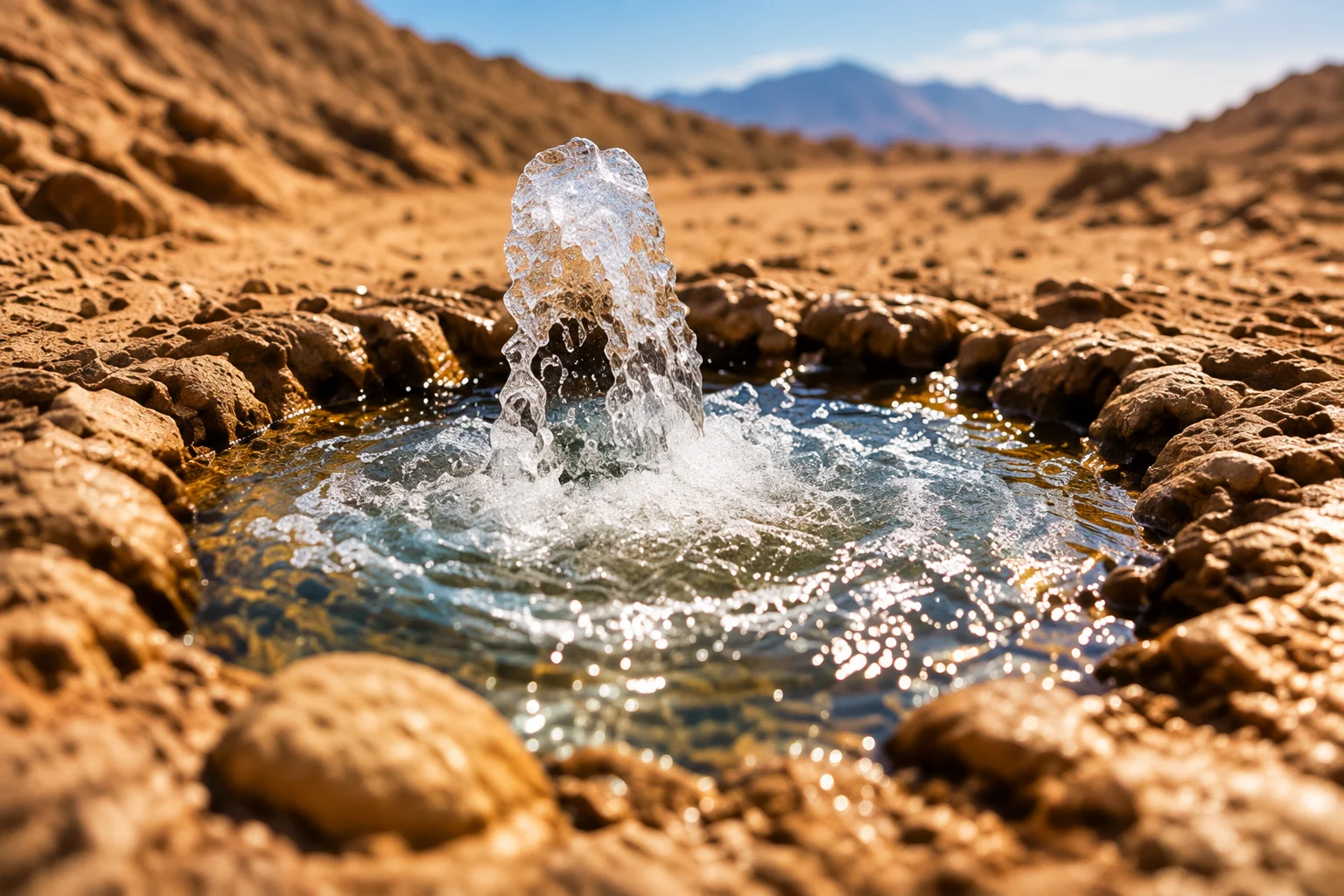 Symbolic representation of Zamzam water miracle emerging in the desert of Makkah