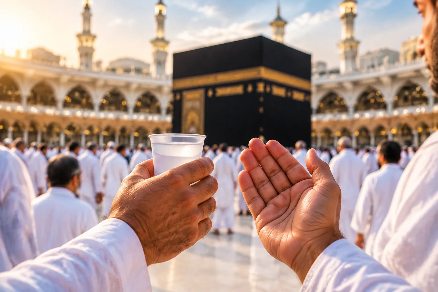 Muslim pilgrim drinking Zamzam water and making dua near Kaaba