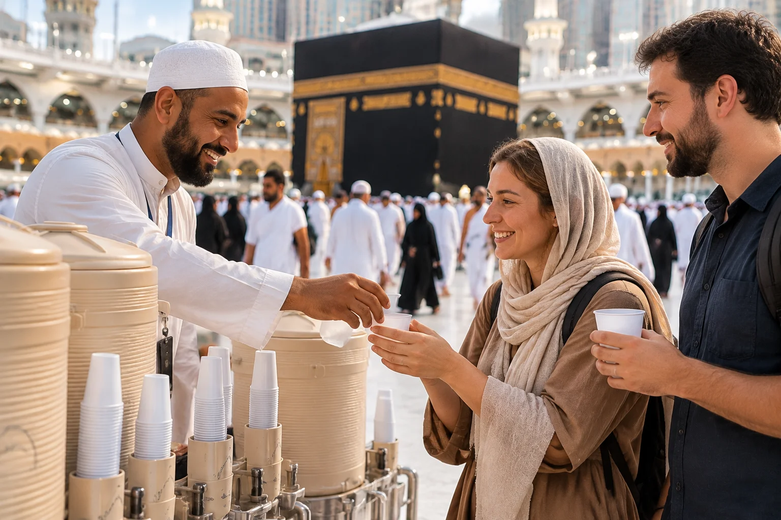 Non-Muslim visitors receiving Zamzam water from a dispenser in Masjid al-Haram with the Kaaba in the background, showing the sharing and hospitality of Zamzam water.